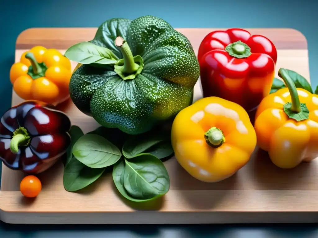 Una variedad de frutas y verduras coloridas y frescas en una tabla de cortar de madera, resaltando la nutrición y los suplementos para dieta sin gluten