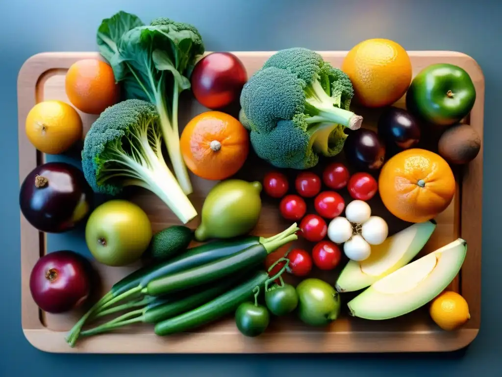Exquisita variedad de frutas y verduras en tabla de madera Variedad de frutas y verduras coloridas en tabla de cortar de madera, vibrante y nutritivo