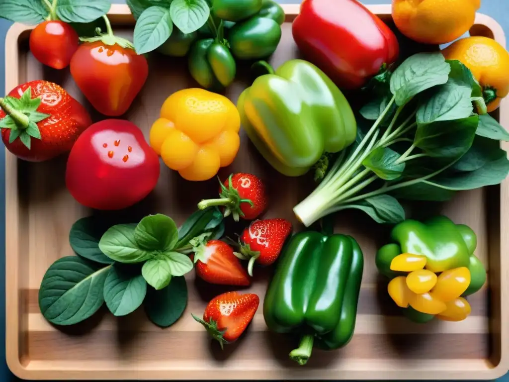 Una variedad de frutas y verduras coloridas sobre tabla de cortar, bajo luz natural