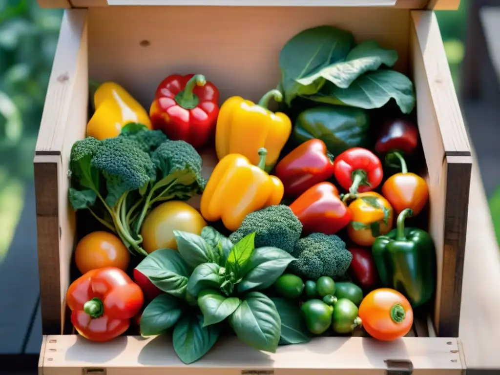 Una variedad de frutas y verduras coloridas en una caja de madera bajo la luz del sol