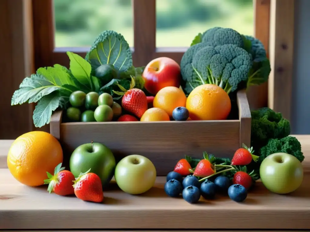 Variedad de frutas y verduras frescas en mesa de madera rústica, ideal para jugos naturales sin gluten