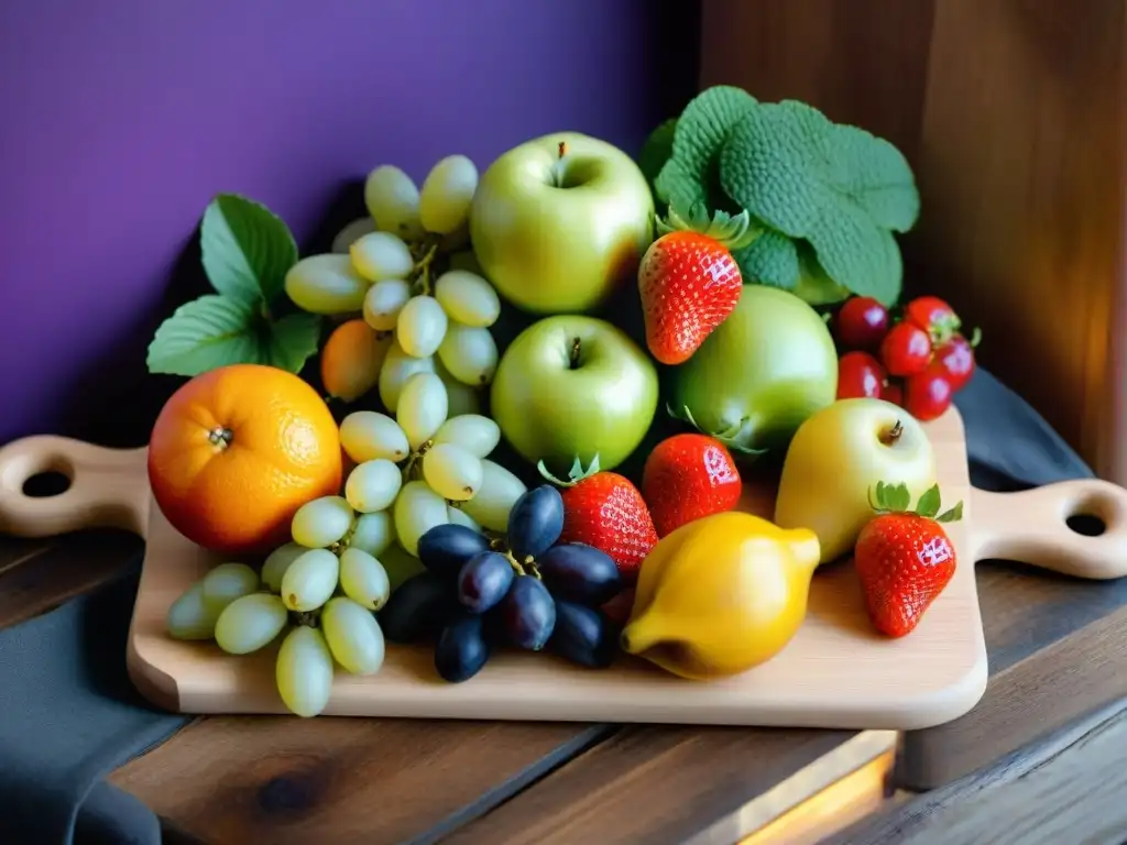 Una variedad de frutas y verduras frescas en una tabla de madera rústica