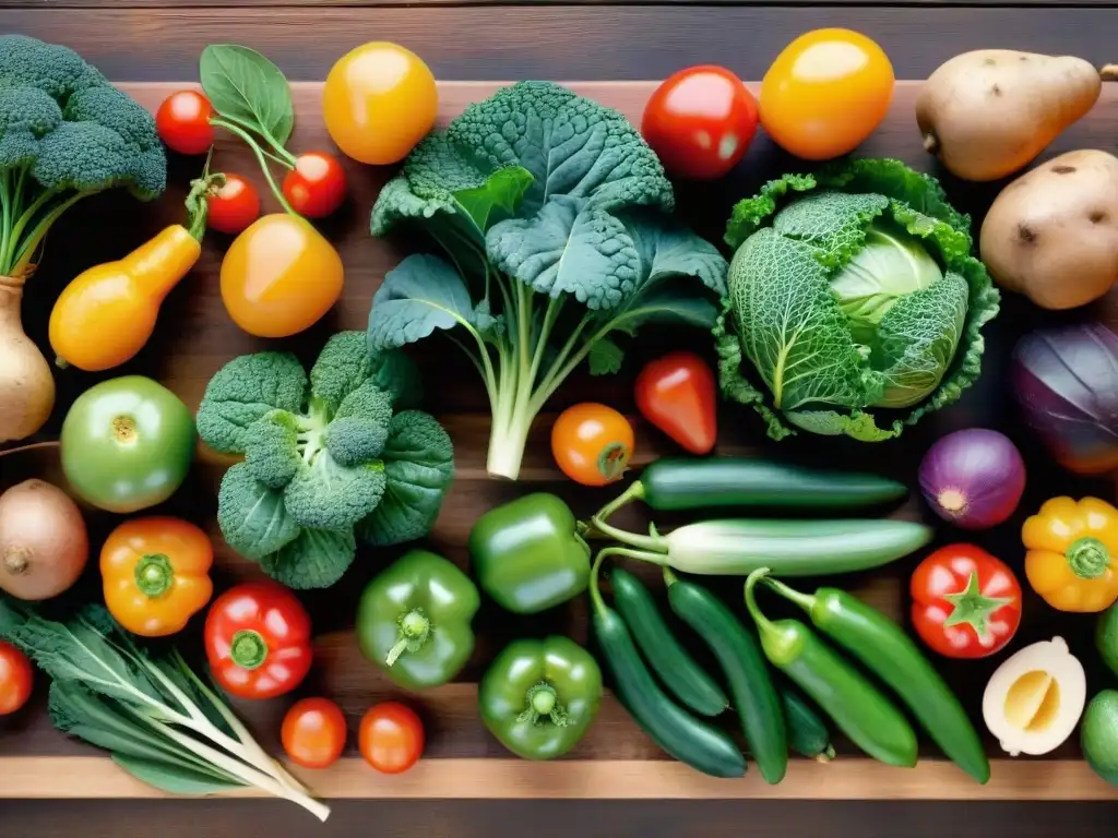 Abundancia de vegetales y frutas frescas en mesa rústica Una variedad de frutas y verduras frescas y coloridas en una mesa de madera rústica, ideal para una Dieta sin gluten para adelgazar