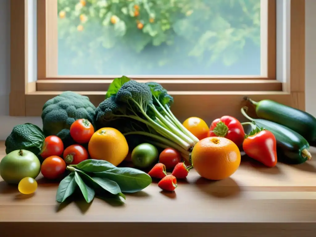 Una variedad de frutas y verduras frescas y coloridas en una mesa de madera