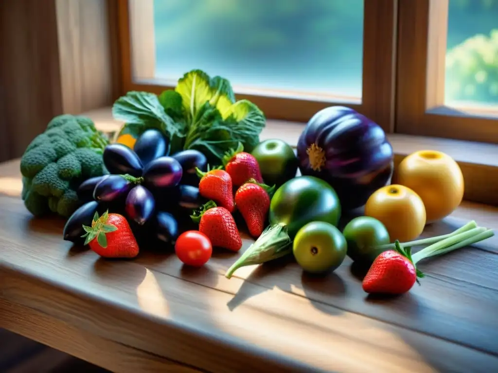 Una variedad de frutas y verduras frescas, coloridas y detalladas, dispuestas en una mesa de madera rústica