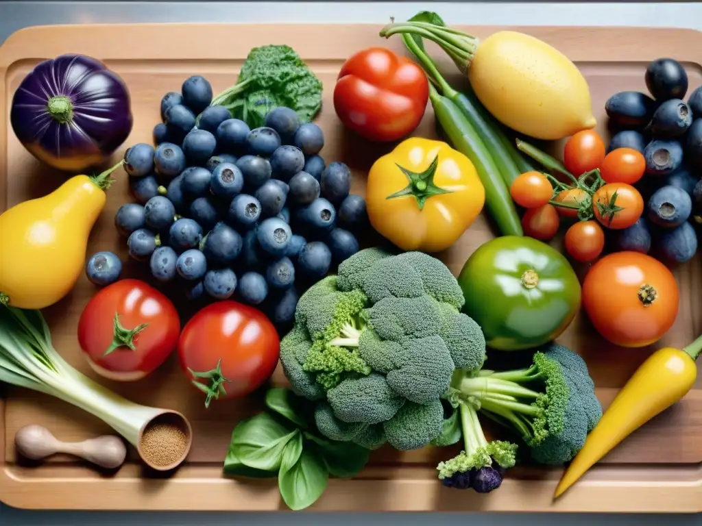 Una variedad de frutas y verduras frescas y coloridas sobre una mesa de madera, ideal para menús semanales vegano sin gluten