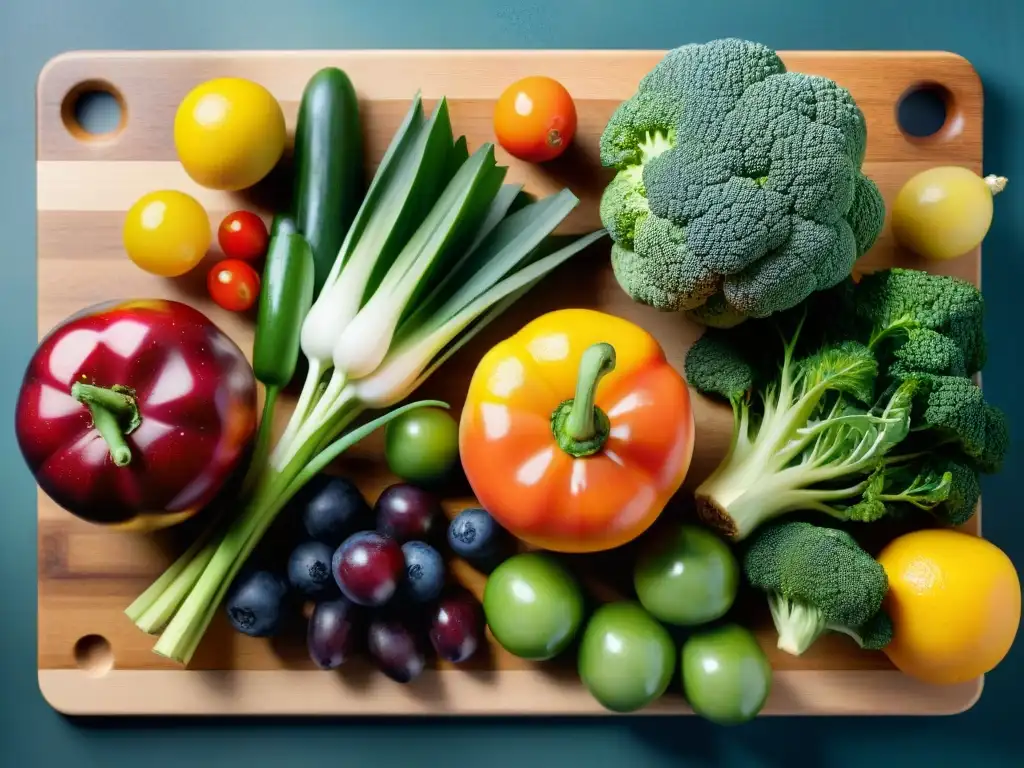 Una variedad de frutas y verduras frescas y coloridas, con gotas de agua brillando bajo una suave luz natural en una tabla de cortar de madera