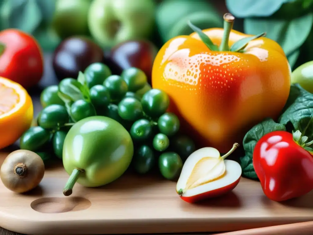 Una variedad de frutas y verduras frescas en tabla de madera, resaltando texturas y colores