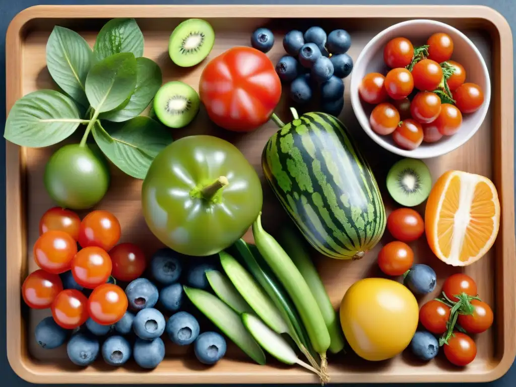 Una variedad de frutas y verduras frescas, coloridas y apetitosas en un tablero de madera