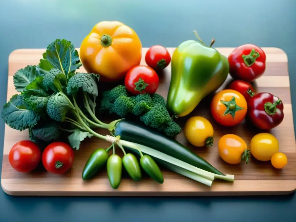 Variedad de frutas y verduras frescas en tabla de madera