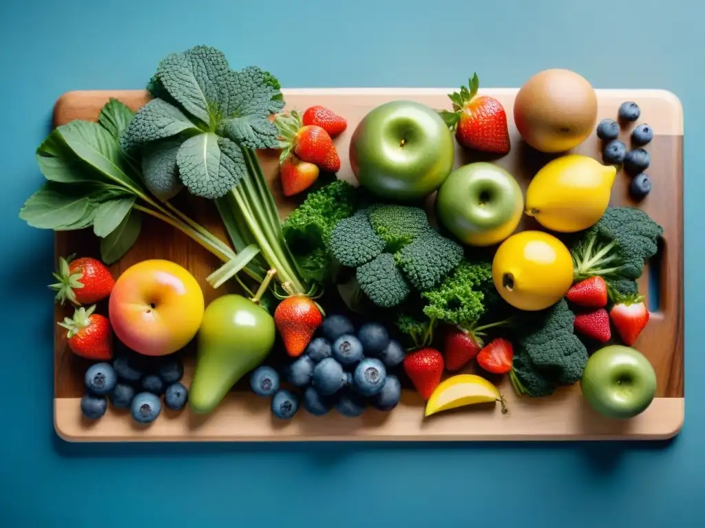 Variedad de frutas y verduras frescas para batidos sin gluten para niños en tabla de madera