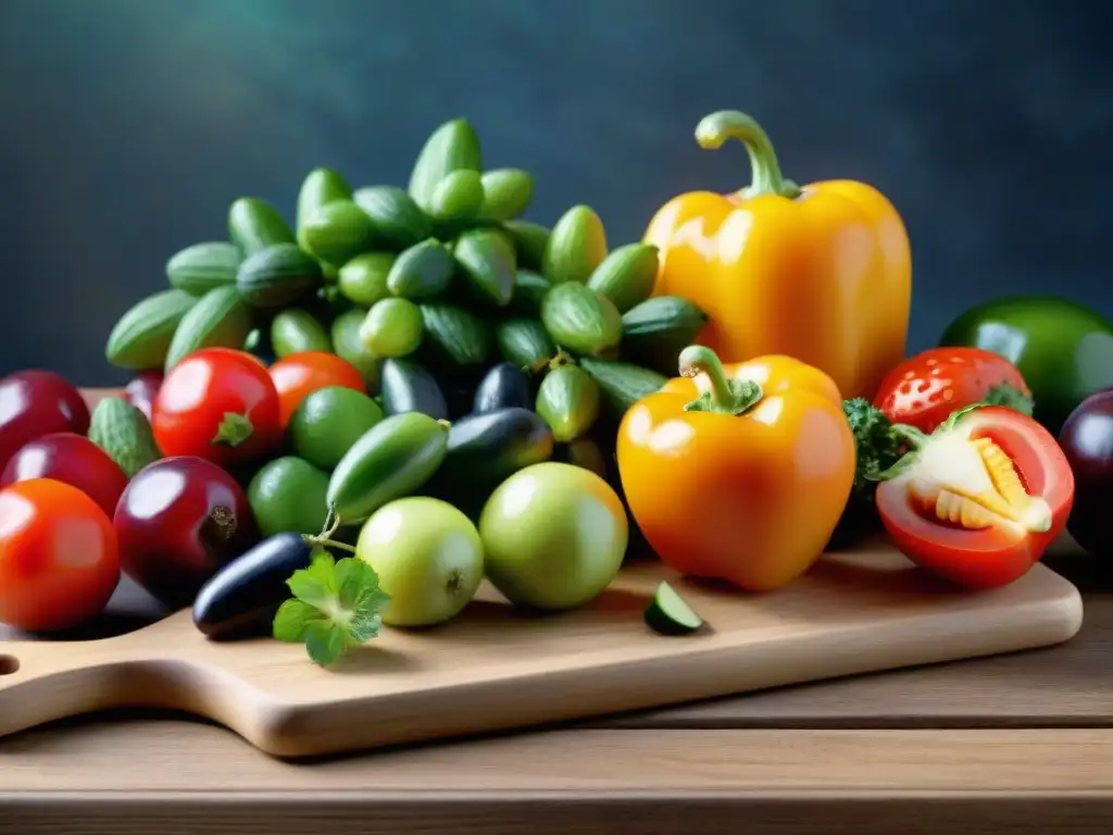 Una variedad de frutas y verduras frescas y vibrantes en tabla de cortar de madera rústica