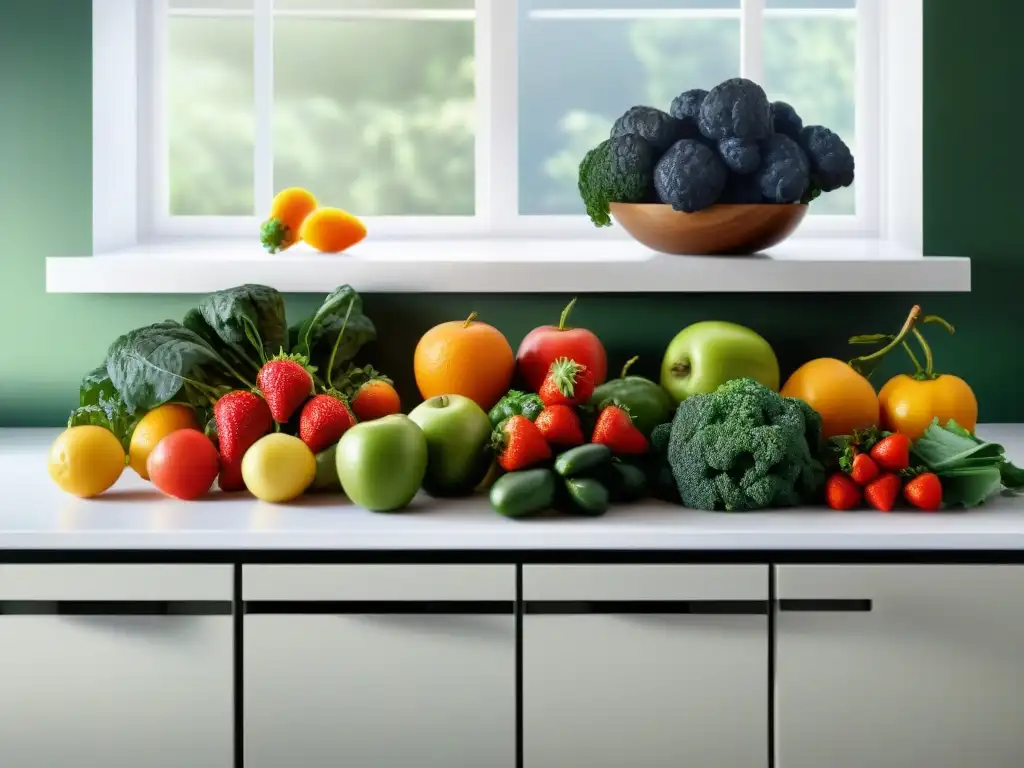 Una variedad de frutas y verduras frescas y coloridas en una cocina moderna