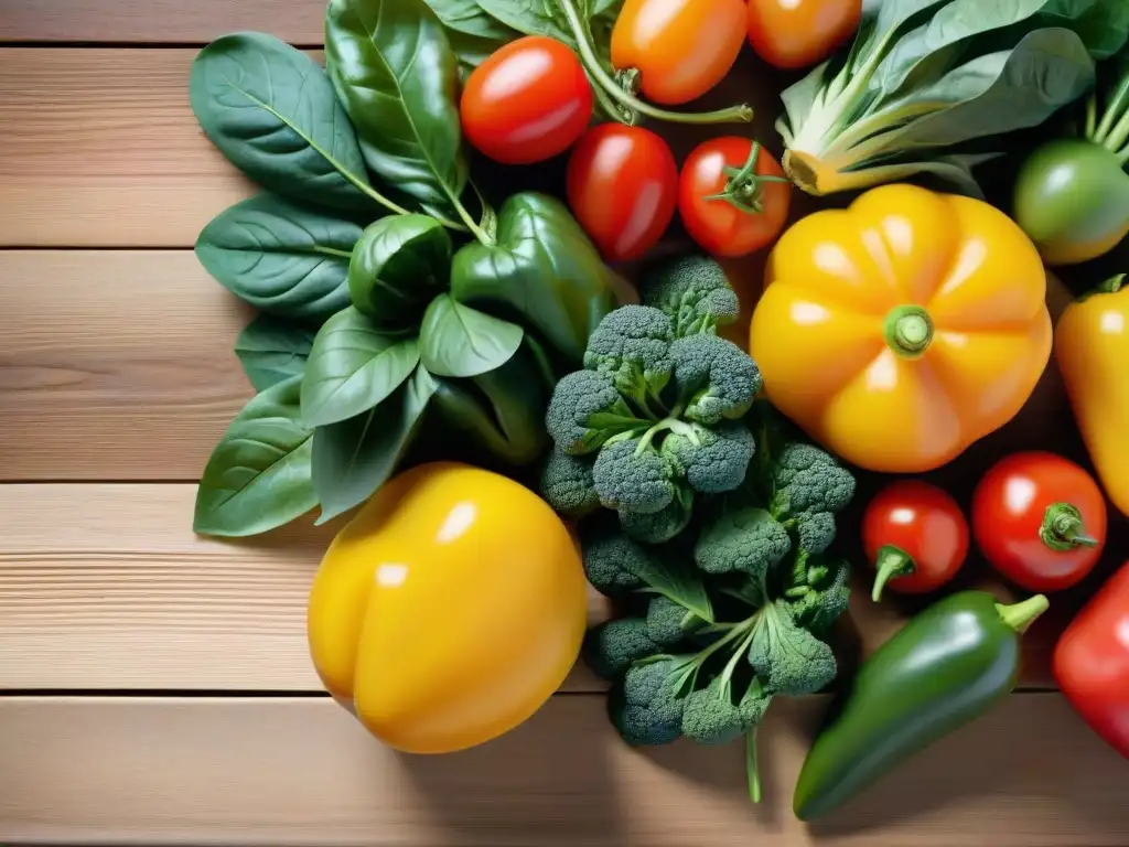 Una variedad de frutas y verduras frescas, ricas en vitaminas, organizadas en una mesa de madera