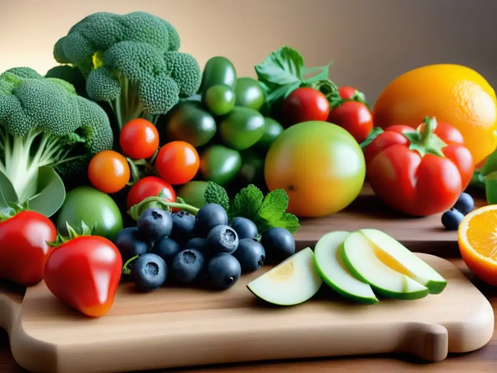 Una variedad de frutas y verduras frescas y coloridas sobre tabla de madera iluminada naturalmente