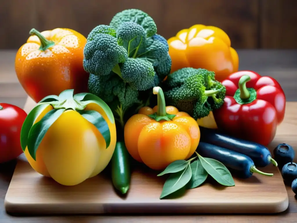 Variedad de frutas y verduras frescas sobre tabla de madera, goteando agua