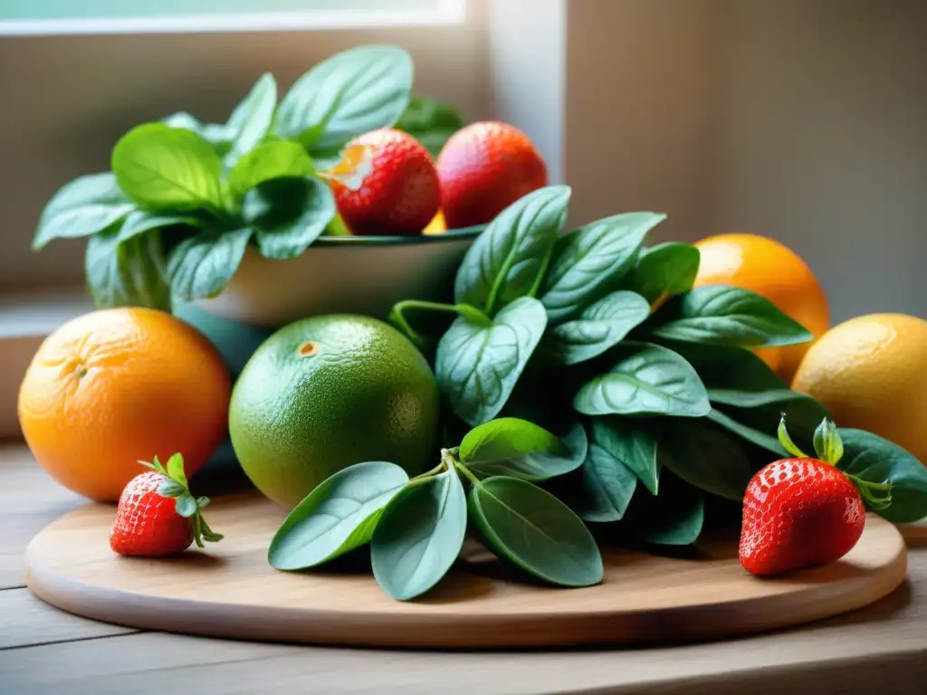 Una variedad de frutas y verduras frescas y vibrantes en una tabla de cortar de madera, listas para batidos sin gluten energéticos matutinos