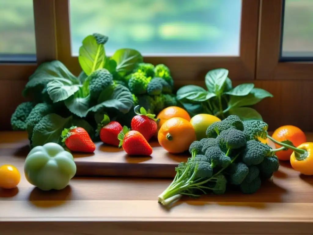 Variedad de frutas y verduras frescas en tabla de cortar de madera con luz natural