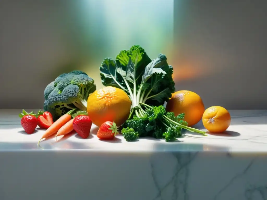 Variedad de frutas y verduras frescas en mármol blanco, bañadas en agua, iluminadas por el sol