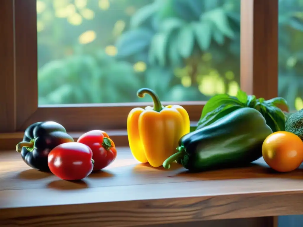 Variedad de frutas y verduras frescas en una mesa rústica, iluminadas por el sol