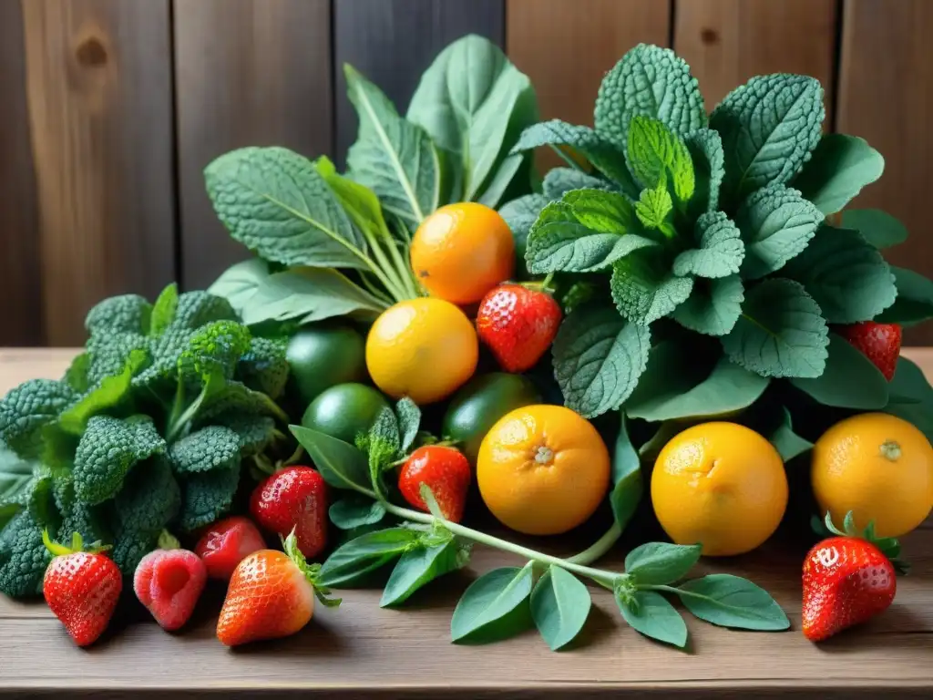 Variedad de frutas y verduras frescas para jugos naturales sin gluten, en una mesa de madera rústica