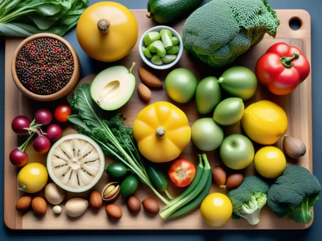 Una variedad de frutas, verduras, frutos secos y semillas coloridas sobre tabla de cortar de madera