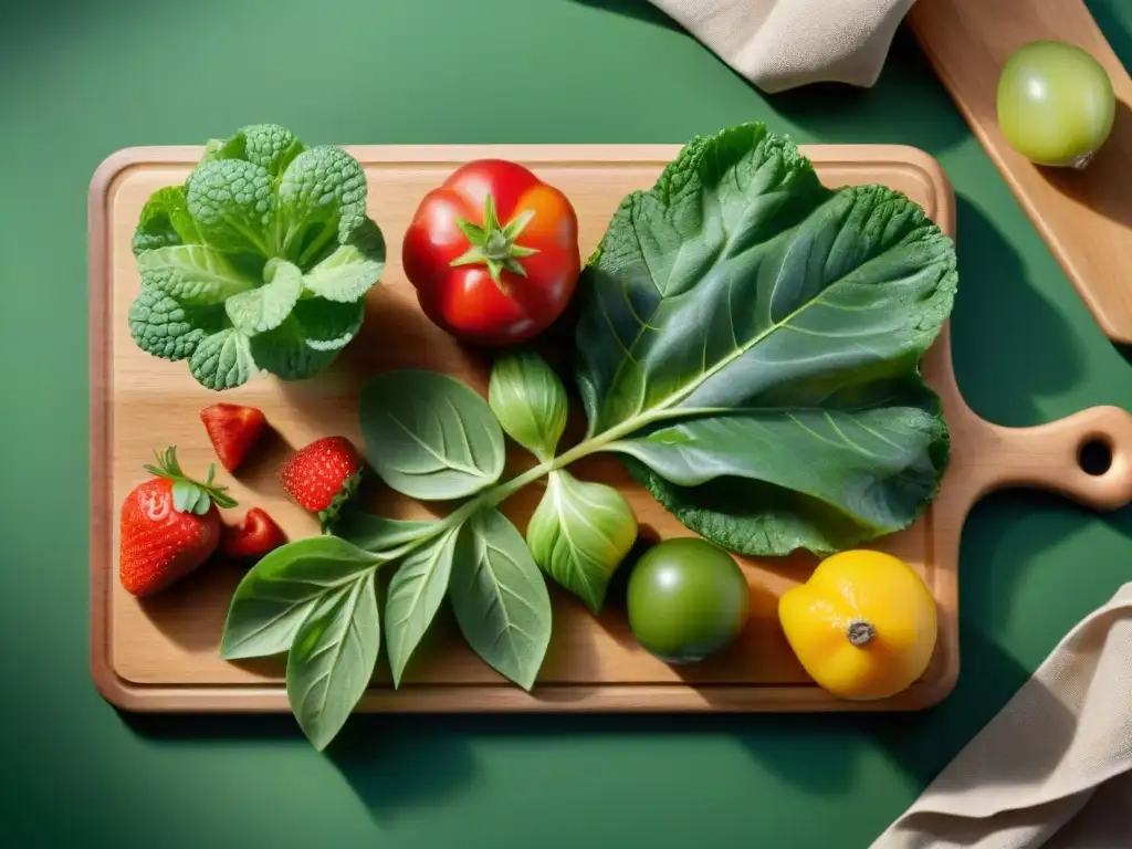 Una variedad de frutas y verduras sin gluten frescas y coloridas en una tabla de corte de madera rústica