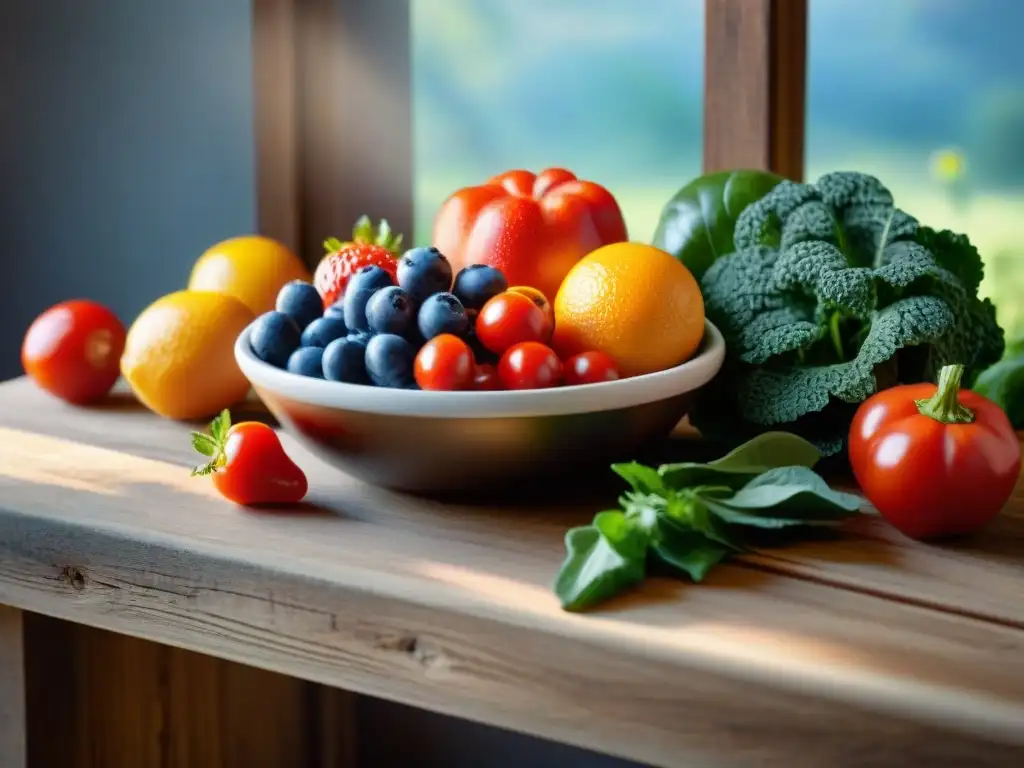 Variedad de frutas y verduras en una mesa rústica, iluminadas por el sol