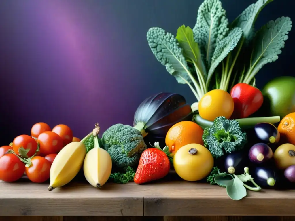 Una variedad de frutas y verduras orgánicas en una mesa de madera rústica