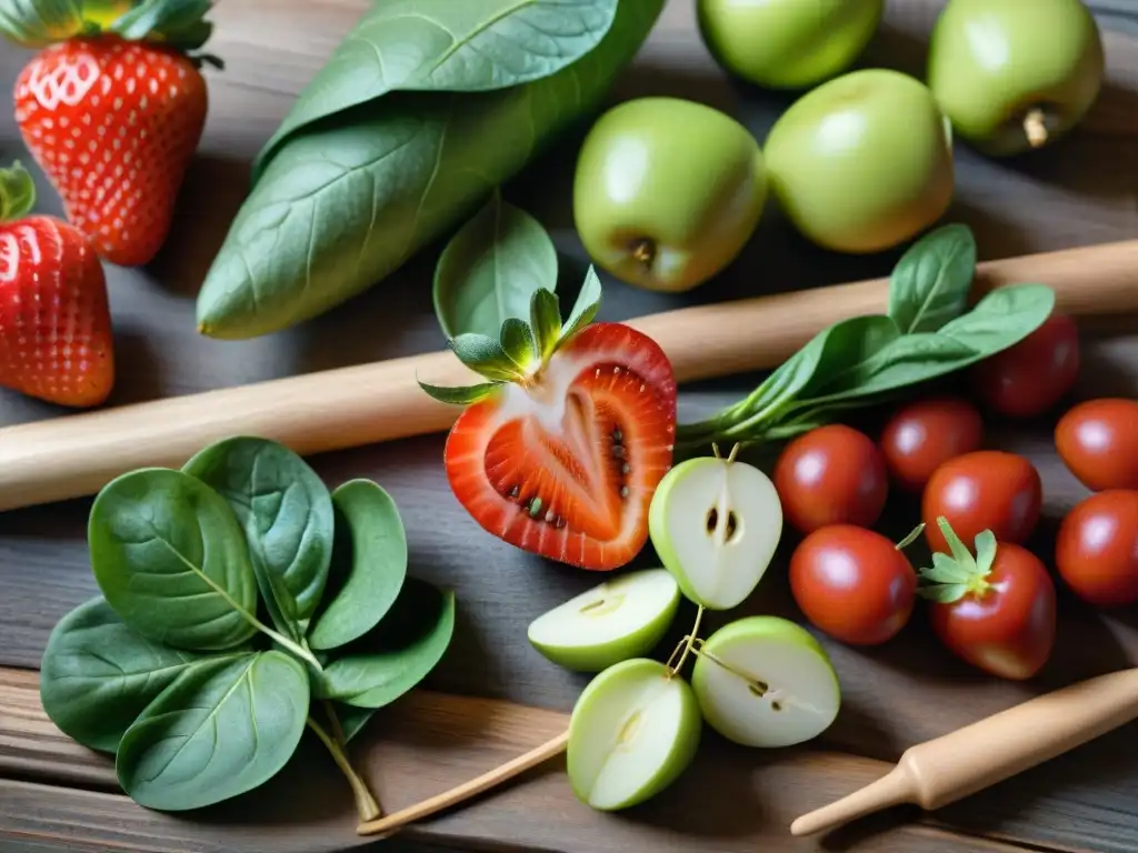 Una variedad de frutas y verduras orgánicas sin gluten ni azúcar frescas y coloridas sobre una mesa de madera rústica