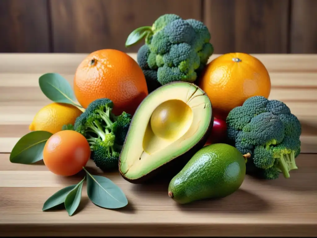 Variedad de frutas y verduras ricas en fibra en una mesa de madera, fuentes de fibra en dieta sin gluten