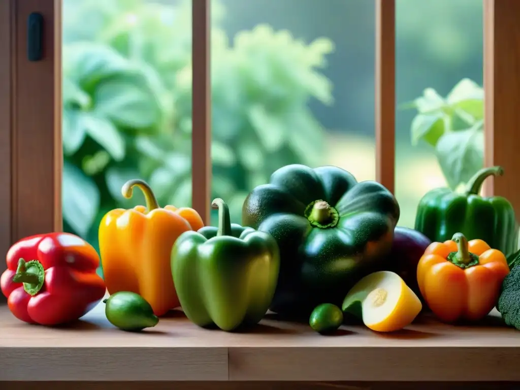 Variedad de frutas y verduras vibrantes en mesa de madera rústica