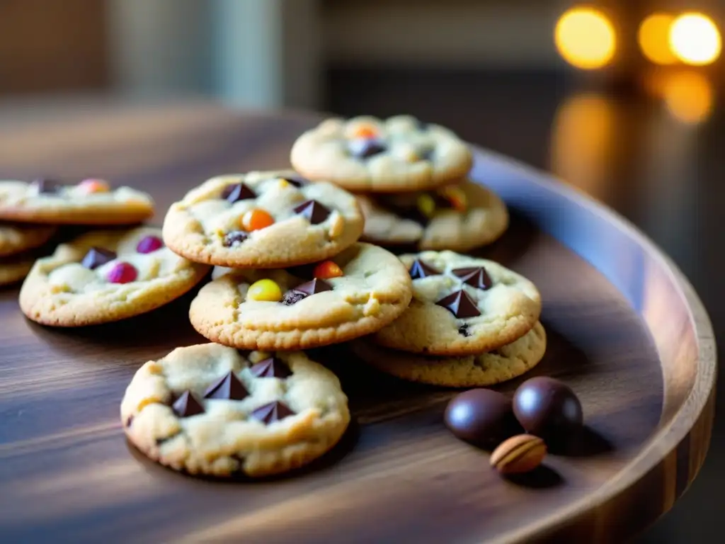 Una variedad de galletas sin gluten, decoradas con chocolate y frutos secos, sobre una mesa rústica