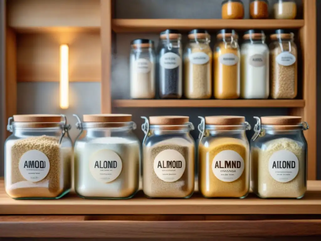 Variedad de harinas sin gluten para cocinar en frascos de vidrio sobre encimera de madera, iluminadas por luz natural