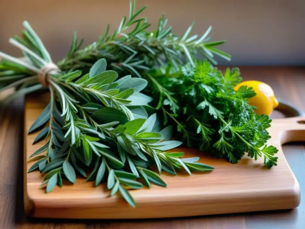 Variedad de hierbas frescas sobre tabla de madera rústica, iluminadas por el sol, para recetas sin gluten sabrosas