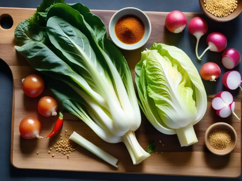 Variedad de ingredientes sin gluten para recetas kimchi, sobre mesa rústica resaltando colores y texturas frescas