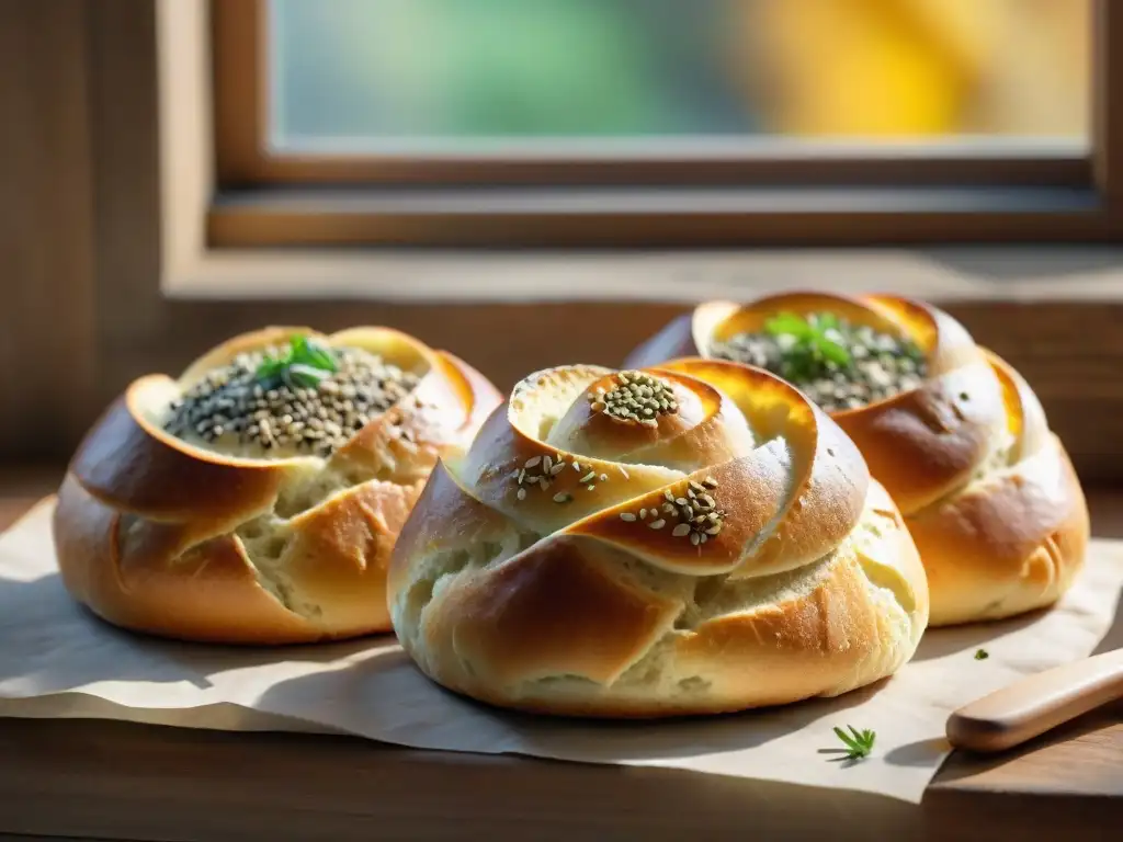 Una variedad de panecillos sin gluten recién horneados, con formas y semillas variadas, sobre una mesa rústica