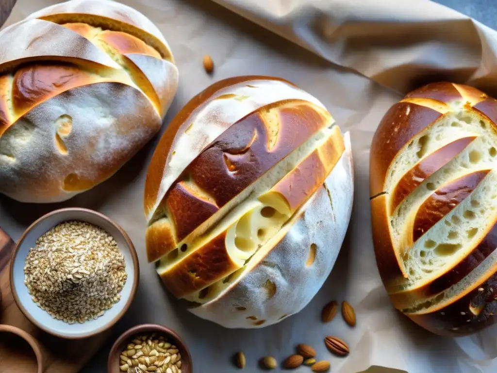 Una variedad de panes fermentados sin gluten recién horneados en una mesa rústica, con granos y semillas esparcidos, bañados por una suave luz natural