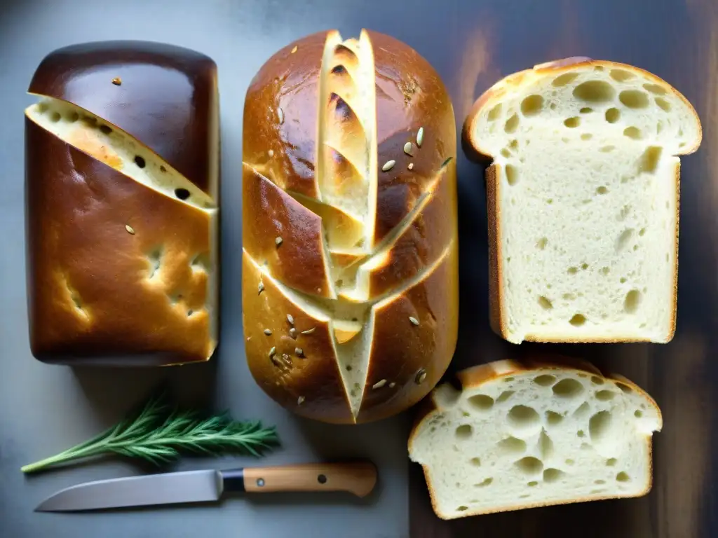 Una variedad de panes fermentados sin gluten recién horneados en una mesa rústica de madera