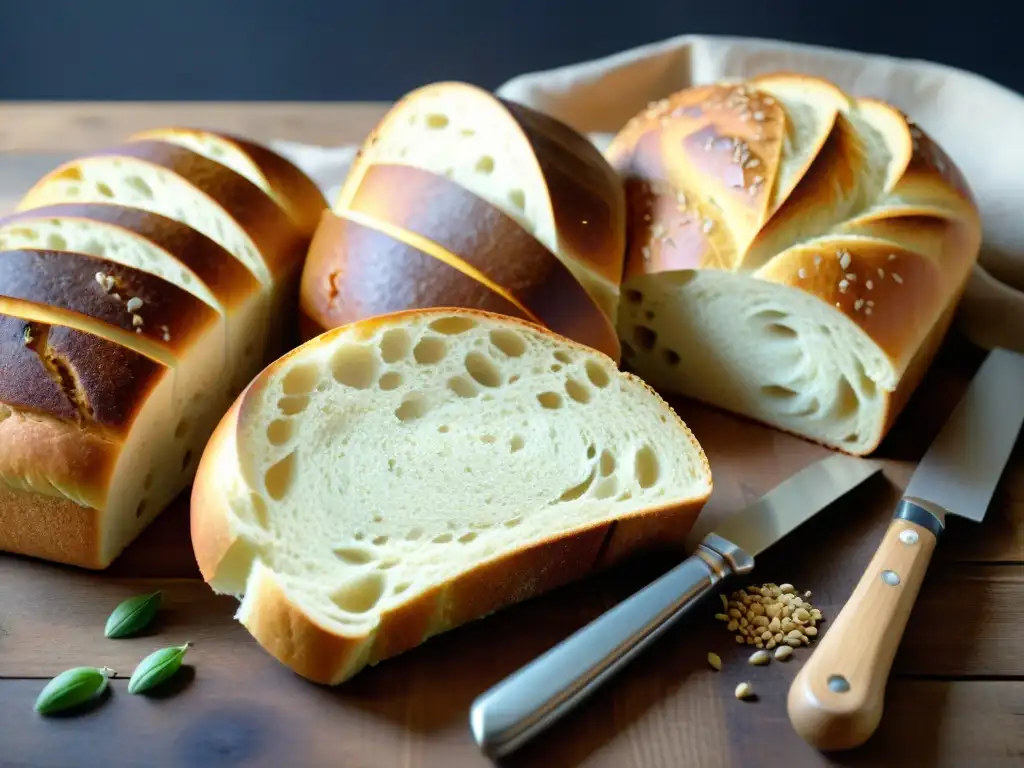 Una variedad de panes sin gluten artesanales, detallados y únicos, sobre mesa rústica de madera