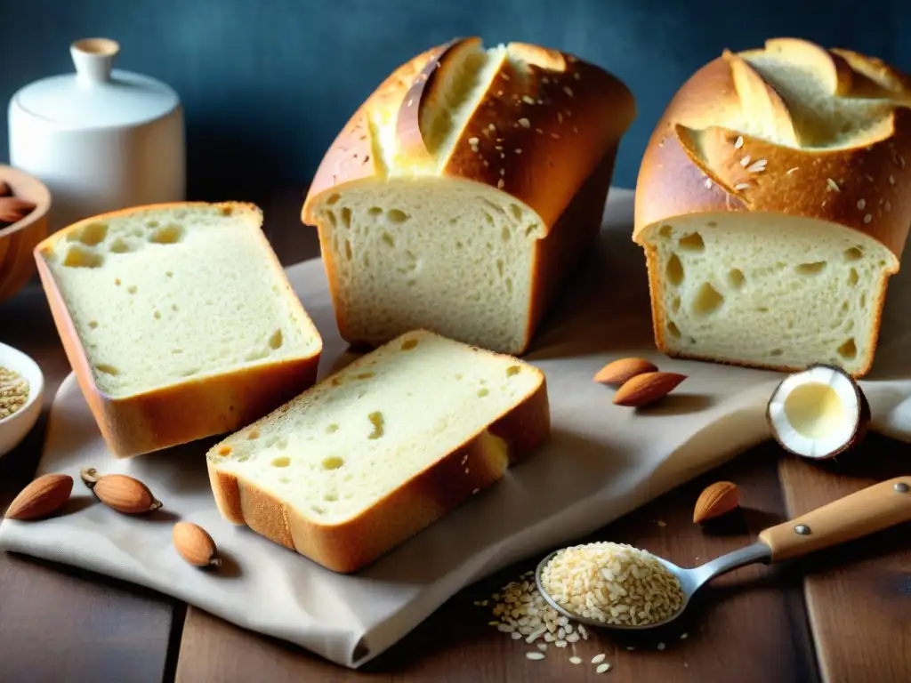 Una variedad de panes sin gluten bajos carbohidratos: almendra, coco y chía, en una mesa rústica iluminada