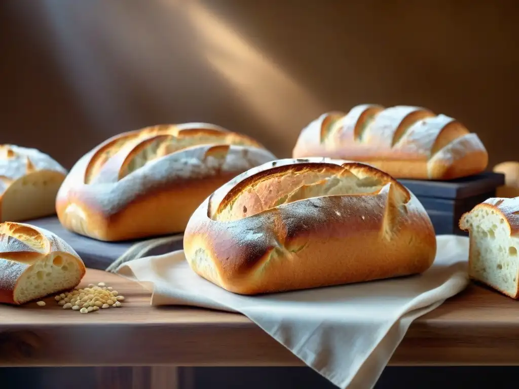 Una variedad de panes sin gluten bajos carbohidratos recién horneados, exudando vapor y aroma, sobre una mesa de madera rústica