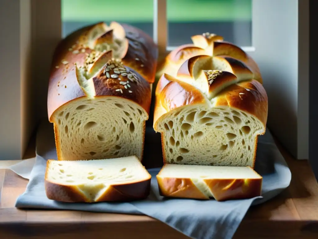 Una variedad de panes sin gluten con recetas innovadoras, decorados con semillas y hierbas, sobre una mesa rústica