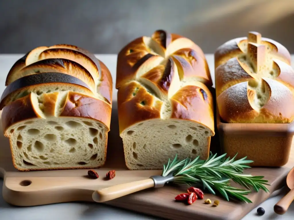 Una variedad de panes sin gluten saborizados recién horneados en una mesa rústica, destacando su aroma y texturas únicas