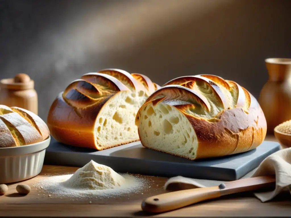 Una variedad de panes sin gluten con textura perfecta, recién horneados, exhibiendo formas y texturas únicas en una mesa de madera