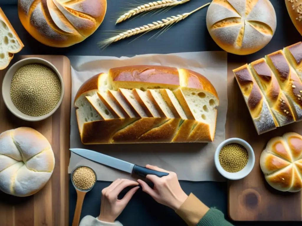 Una variedad de panes sin gluten mejor valorados, con texturas y semillas, sobre mesa rústica