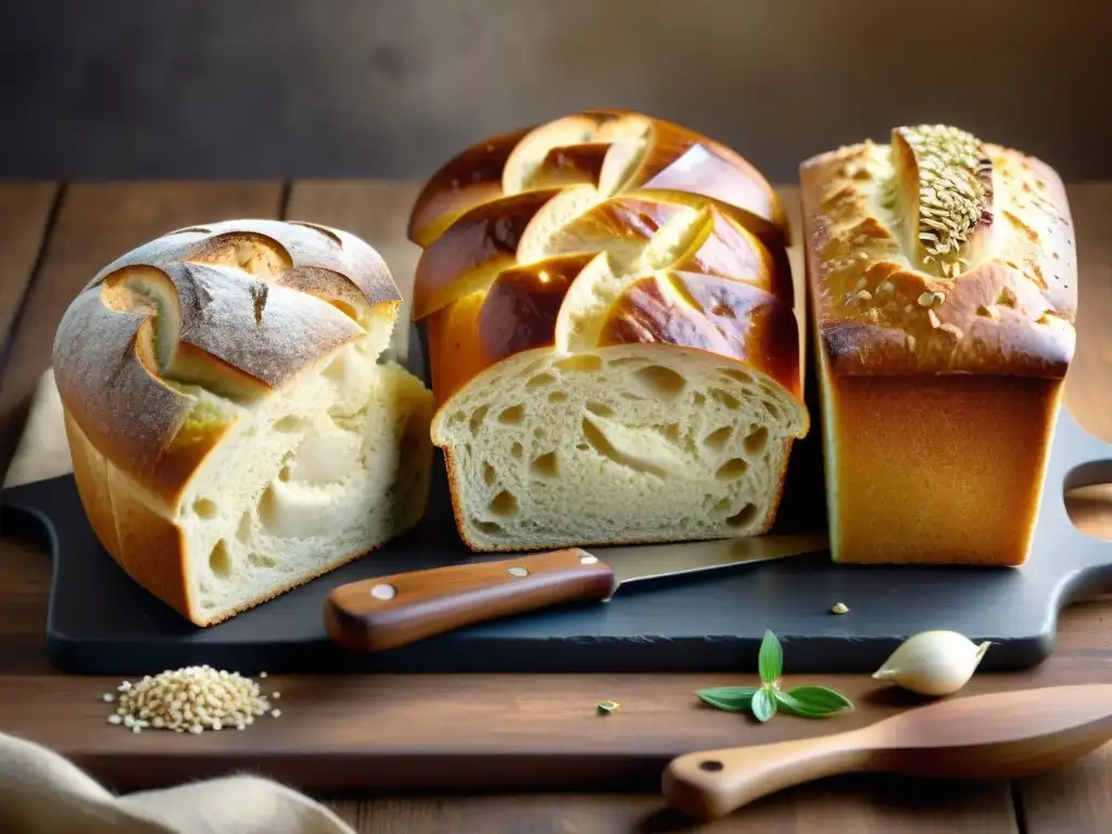 Una variedad de panes sin gluten mejor valorados, con texturas, formas y ingredientes artísticamente dispuestos en una mesa rústica de madera