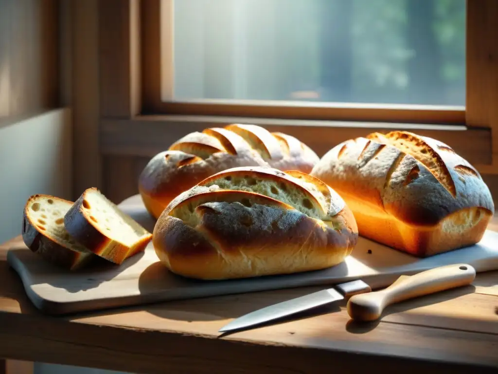 Variedad de panes gourmet sin gluten en mesa rústica, con luz cálida