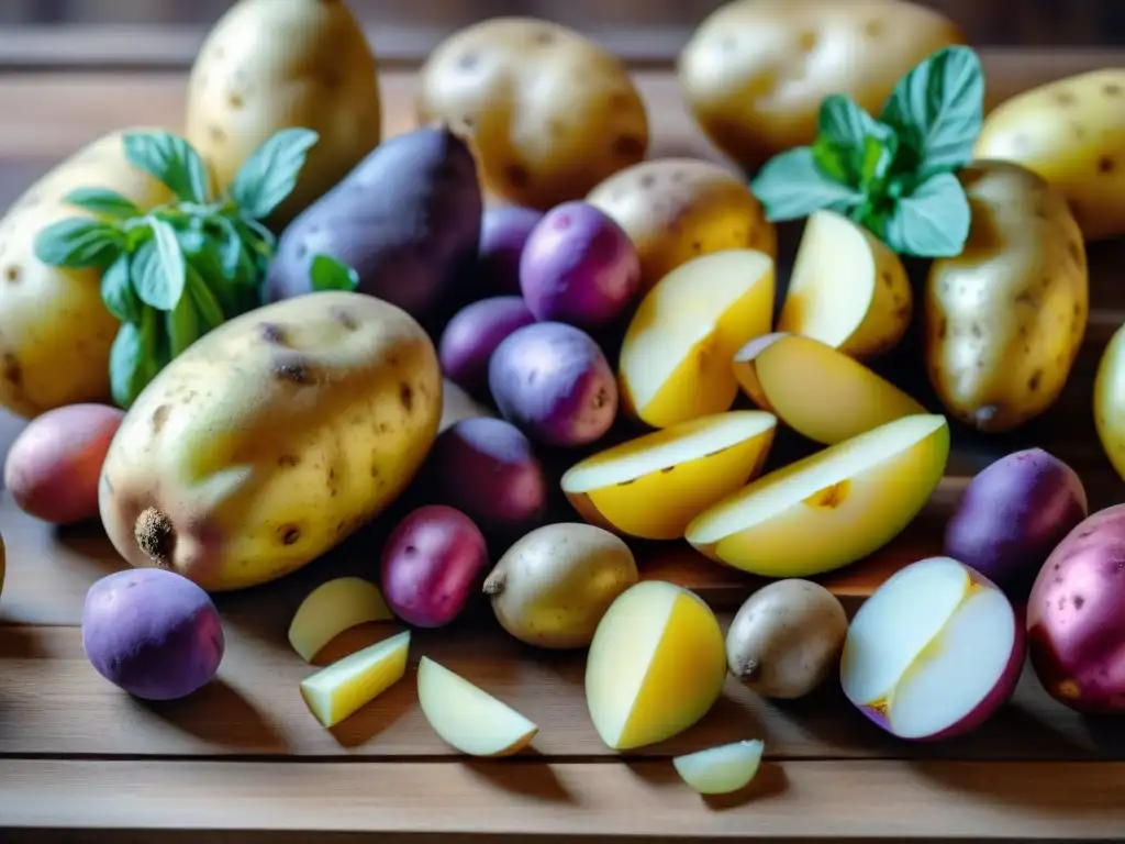 Una variedad de papas en una mesa de madera, resaltando sus formas y colores