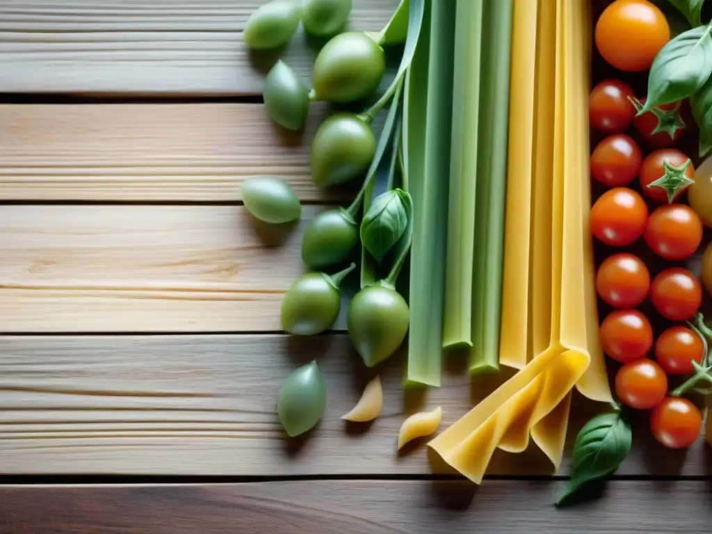 Una variedad de pasta sin gluten en formas y colores vibrantes, acompañada de ingredientes frescos